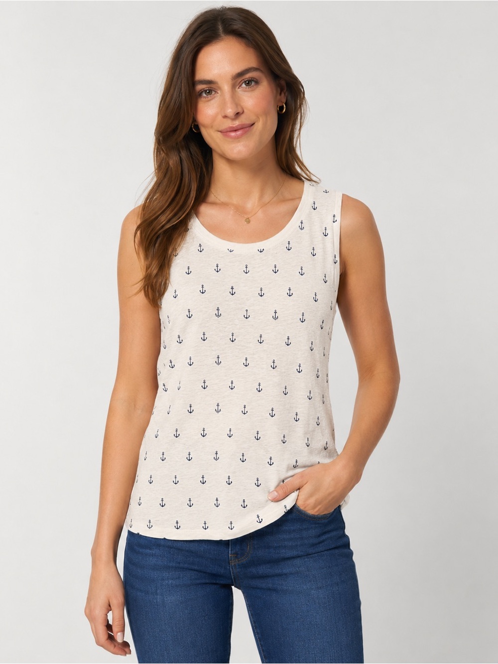 Sleeveless Anchor Print Tank Top - Cream